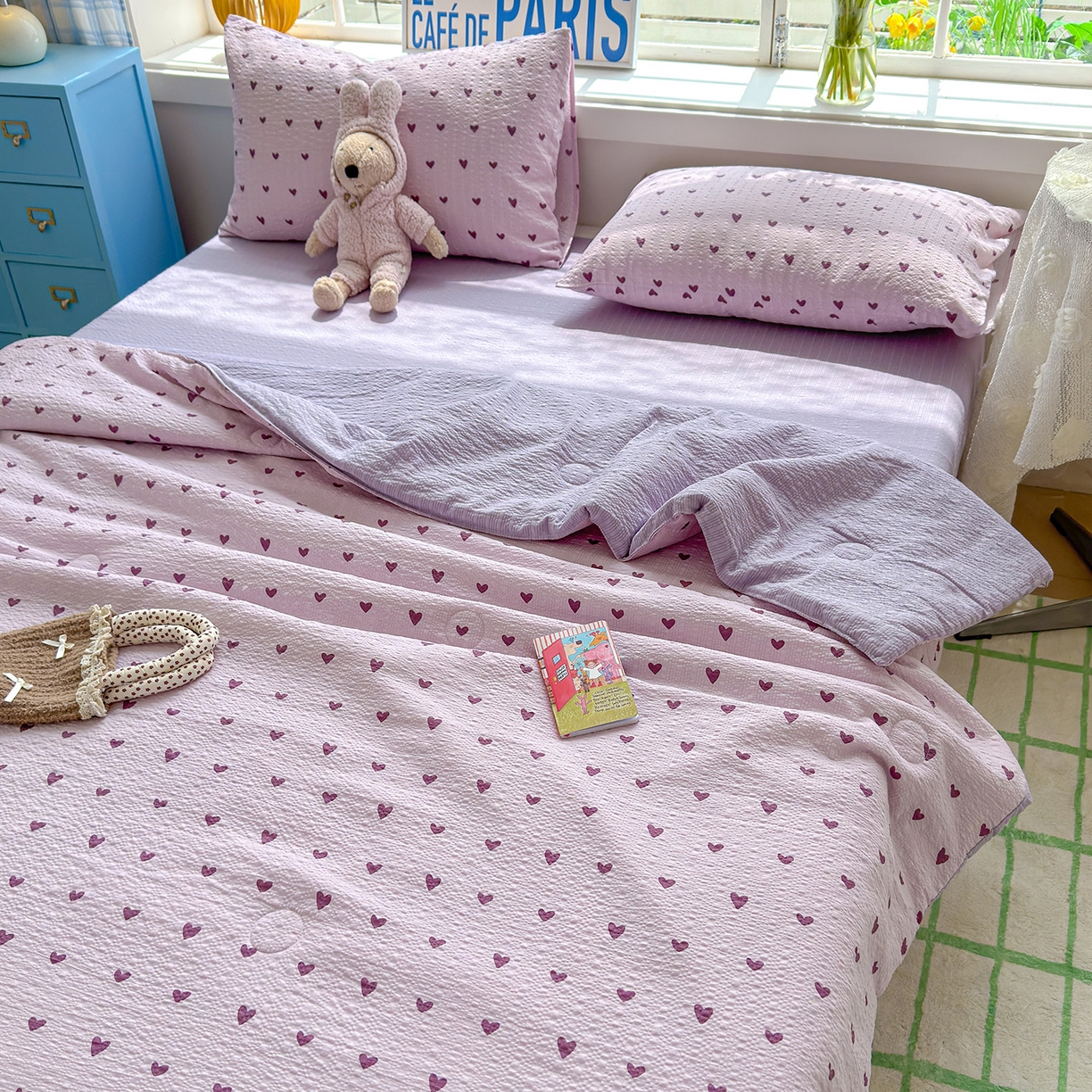 91家纺网 家纺一手货源 找家纺 晚爱 2026新款泡芙棉双层纱夏被四件套小清新泡泡纱夏被四件套 7芋泥波波