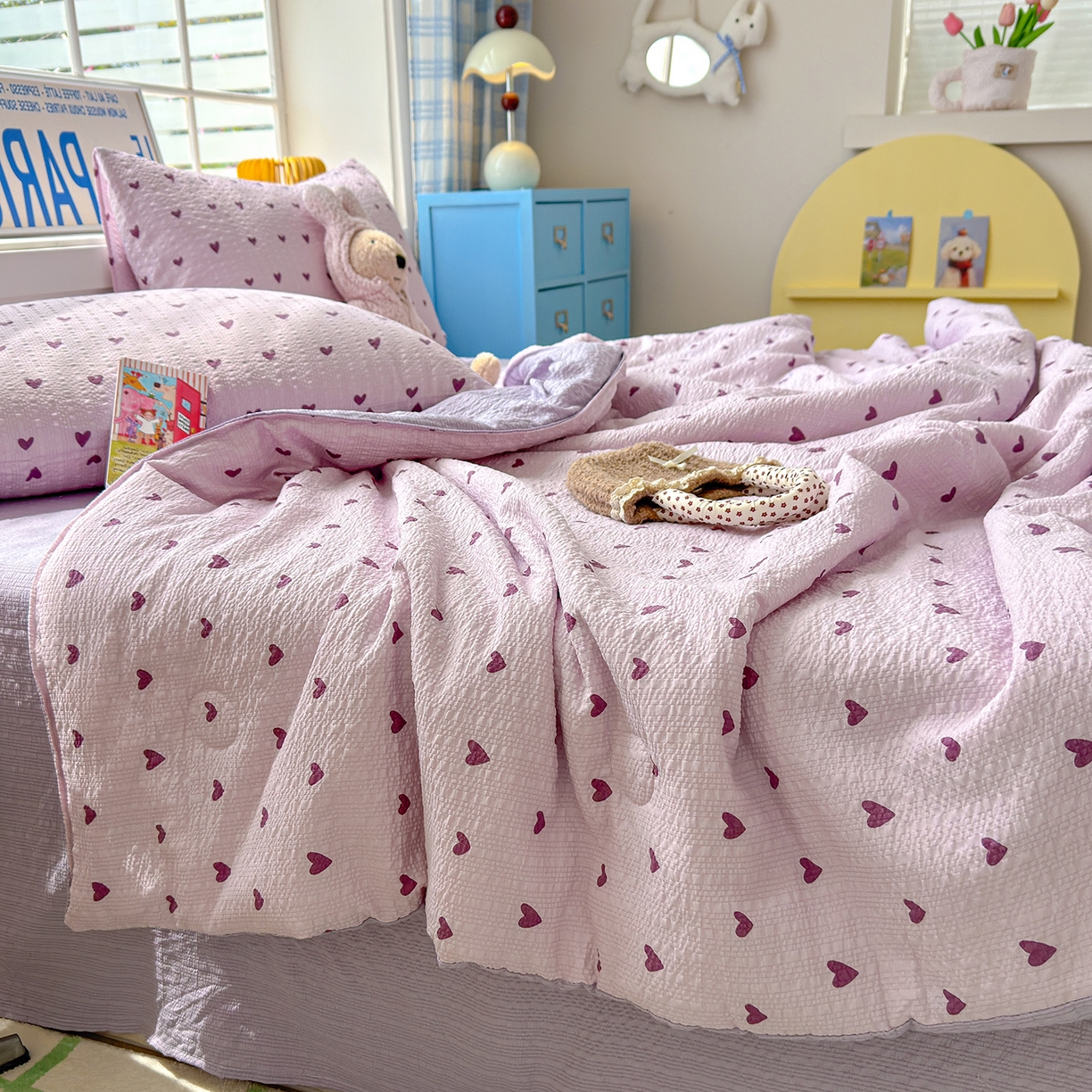 91家纺网 家纺一手货源 找家纺 晚爱 2026新款泡芙棉双层纱夏被四件套小清新泡泡纱夏被四件套 7芋泥波波