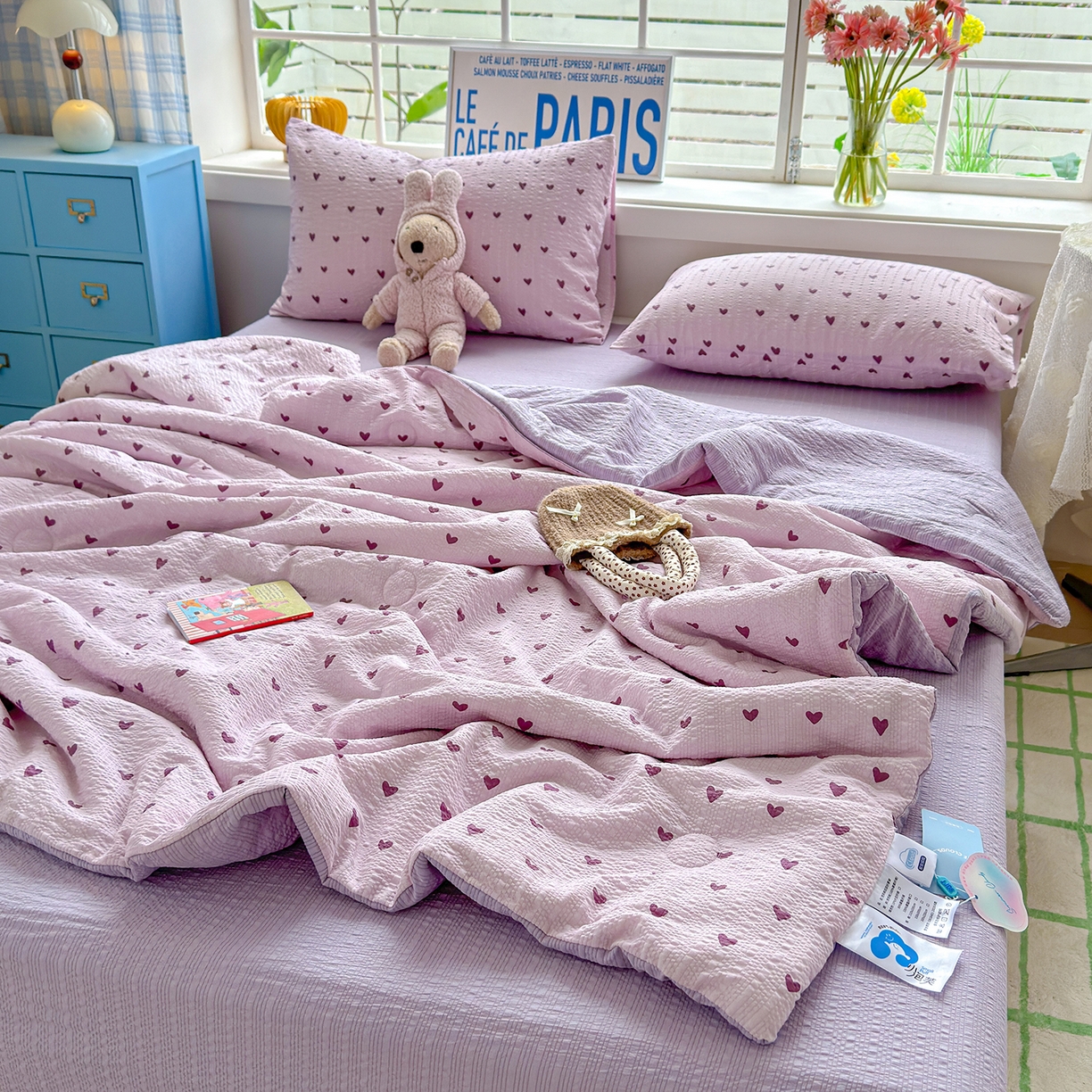 91家纺网 家纺一手货源 找家纺 晚爱 2026新款泡芙棉双层纱夏被四件套小清新泡泡纱夏被四件套 7芋泥波波