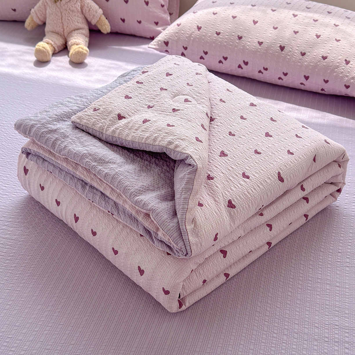 91家纺网 家纺一手货源 找家纺 晚爱 2026新款泡芙棉双层纱夏被四件套小清新泡泡纱夏被四件套 7芋泥波波