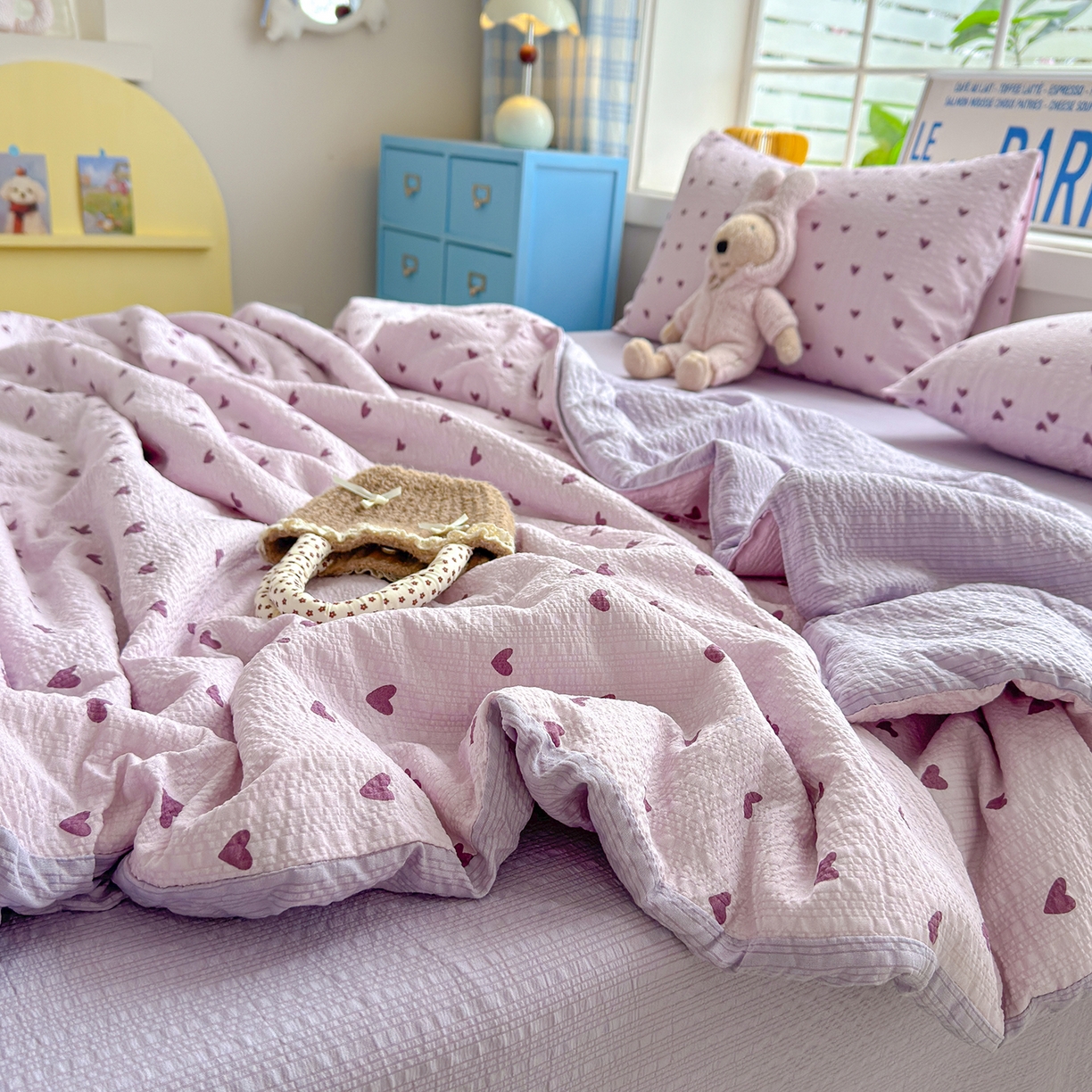 91家纺网 家纺一手货源 找家纺 晚爱 2026新款泡芙棉双层纱夏被四件套小清新泡泡纱夏被四件套 7芋泥波波