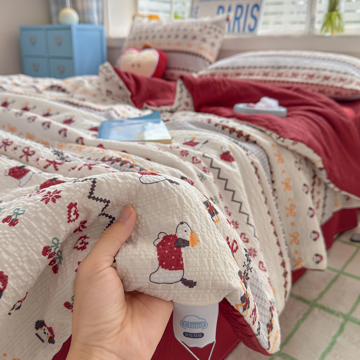 91家纺网 家纺一手货源 找家纺 晚爱 2026新款泡芙棉双层纱夏被四件套小清新泡泡纱夏被四件套 8费尔岛小狗