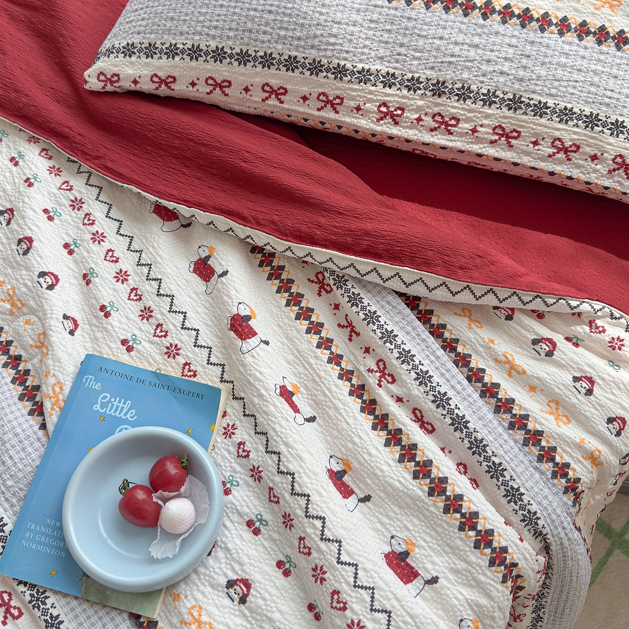 91家纺网 家纺一手货源 找家纺 晚爱 2026新款泡芙棉双层纱夏被四件套小清新泡泡纱夏被四件套 8费尔岛小狗