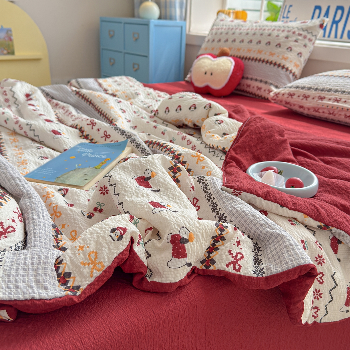 91家纺网 家纺一手货源 找家纺 晚爱 2026新款泡芙棉双层纱夏被四件套小清新泡泡纱夏被四件套 8费尔岛小狗