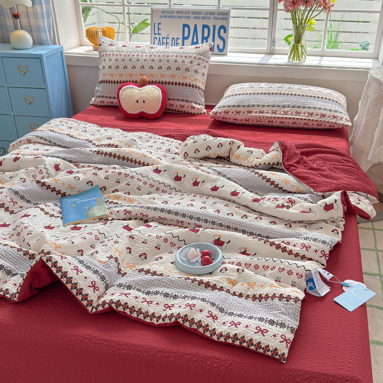 91家纺网 家纺一手货源 找家纺 晚爱 2026新款泡芙棉双层纱夏被四件套小清新泡泡纱夏被四件套 8费尔岛小狗