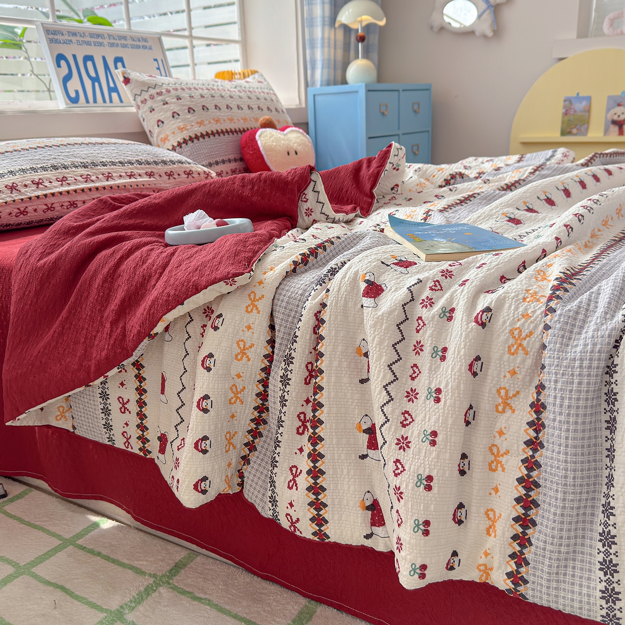 91家纺网 家纺一手货源 找家纺 晚爱 2026新款泡芙棉双层纱夏被四件套小清新泡泡纱夏被四件套 8费尔岛小狗