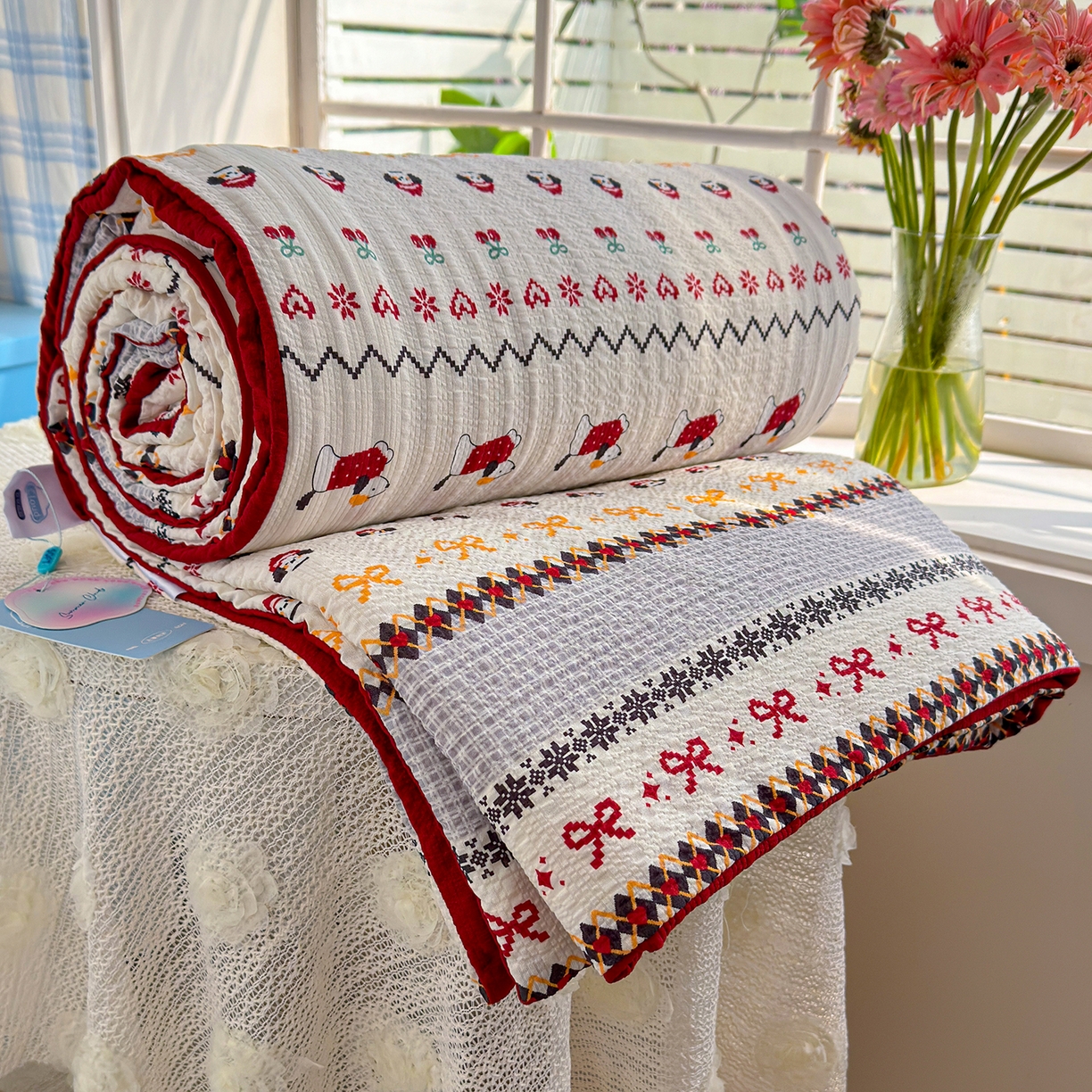 91家纺网 家纺一手货源 找家纺 晚爱 2026新款泡芙棉双层纱夏被四件套小清新泡泡纱夏被四件套 8费尔岛小狗