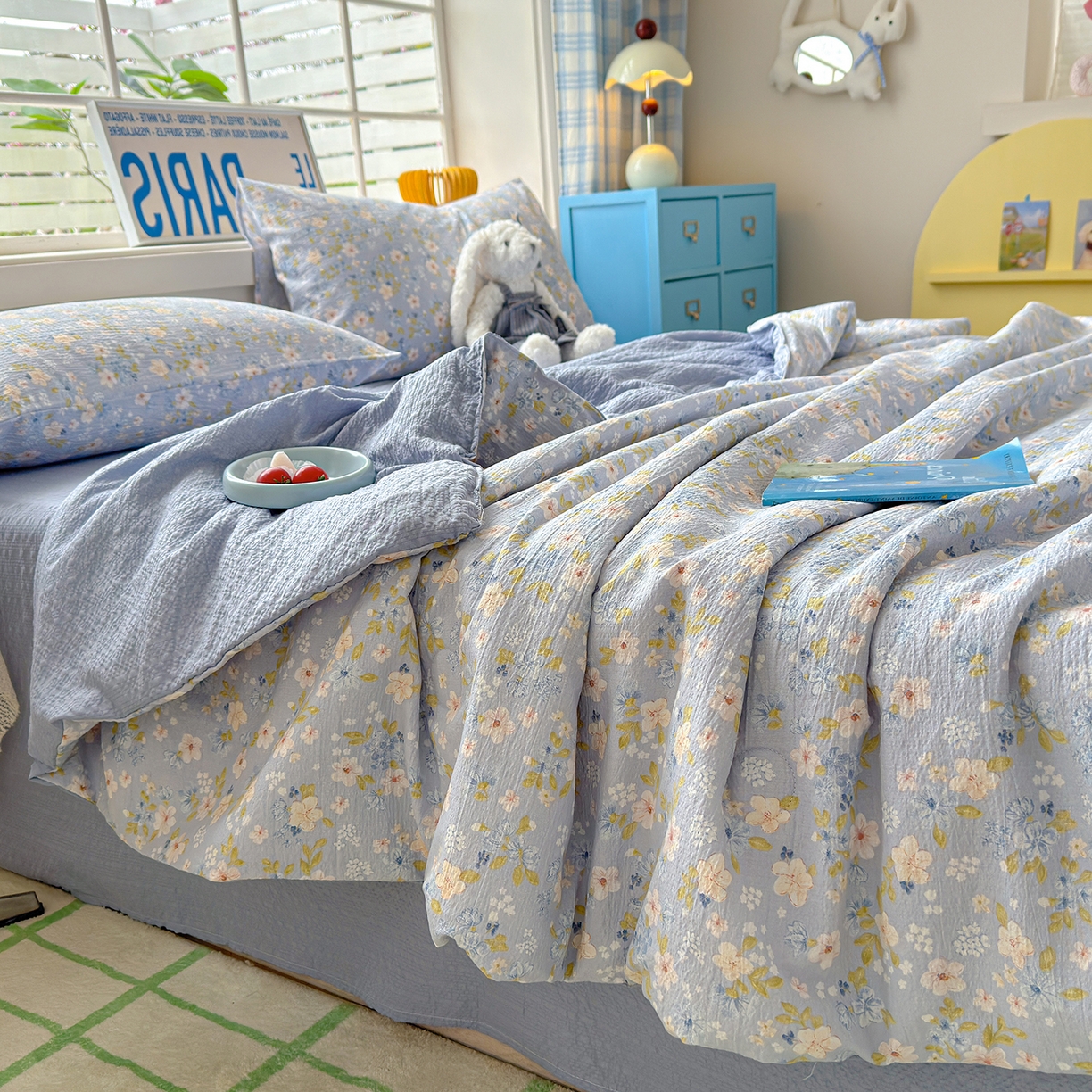 91家纺网 家纺一手货源 找家纺 晚爱 2026新款泡芙棉双层纱夏被四件套小清新泡泡纱夏被四件套 9蓝雪花