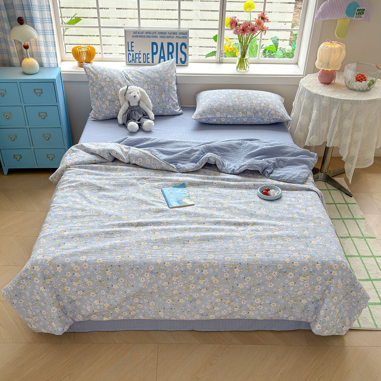 91家纺网 家纺一手货源 找家纺 晚爱 2026新款泡芙棉双层纱夏被四件套小清新泡泡纱夏被四件套 9蓝雪花