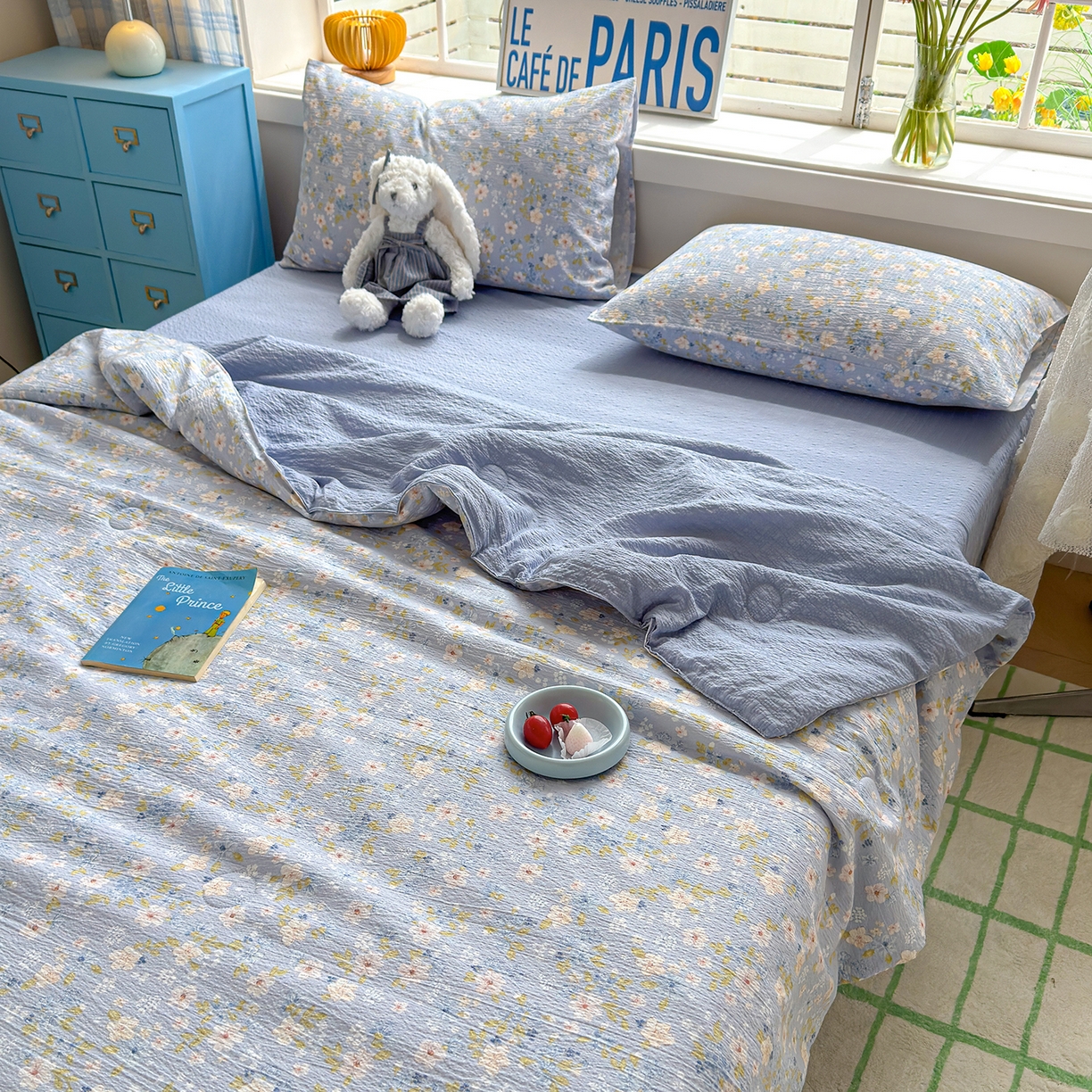 91家纺网 家纺一手货源 找家纺 晚爱 2026新款泡芙棉双层纱夏被四件套小清新泡泡纱夏被四件套 9蓝雪花