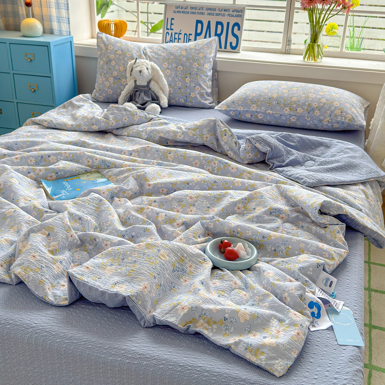 91家纺网 家纺一手货源 找家纺 晚爱 2026新款泡芙棉双层纱夏被四件套小清新泡泡纱夏被四件套 9蓝雪花