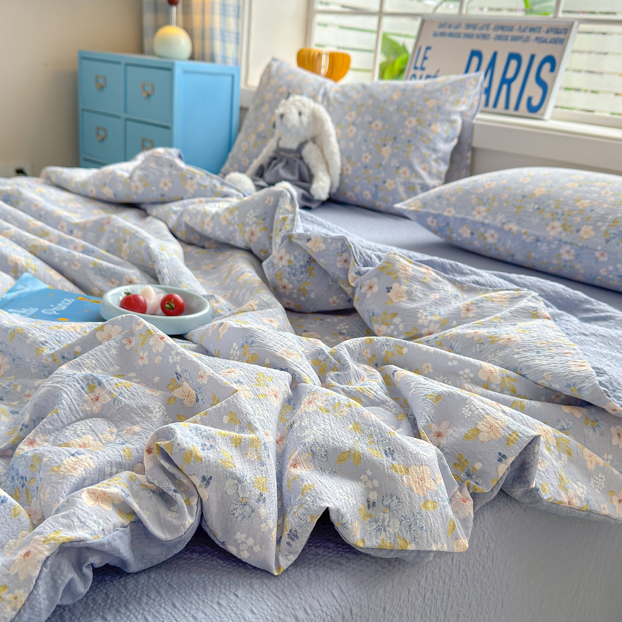 91家纺网 家纺一手货源 找家纺 晚爱 2026新款泡芙棉双层纱夏被四件套小清新泡泡纱夏被四件套 9蓝雪花