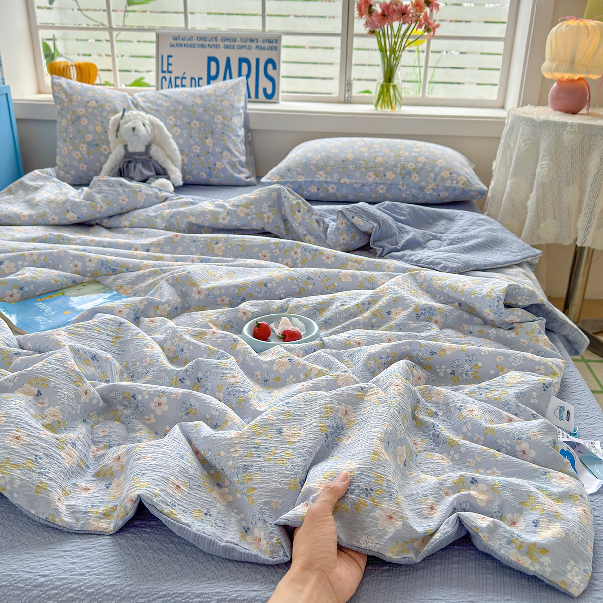 晚爱 2026新款泡芙棉双层纱夏被四件套小清新泡泡纱夏被四件套 9蓝雪花