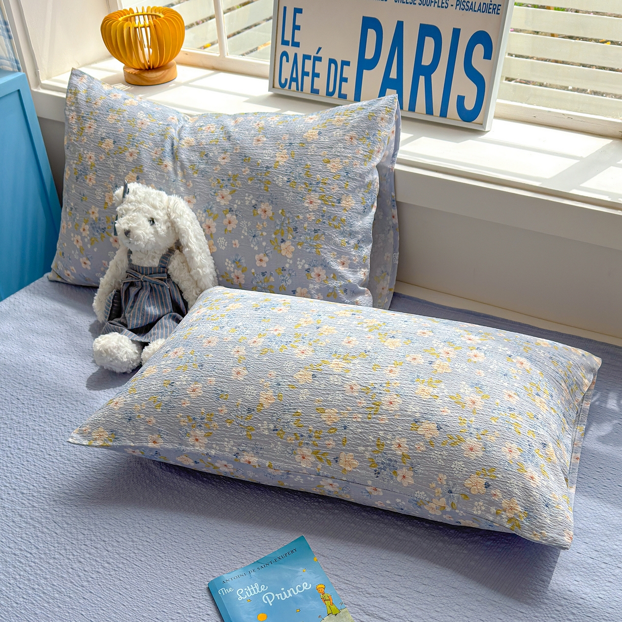 91家纺网 家纺一手货源 找家纺 晚爱 2026新款泡芙棉双层纱夏被四件套小清新泡泡纱夏被四件套 9蓝雪花