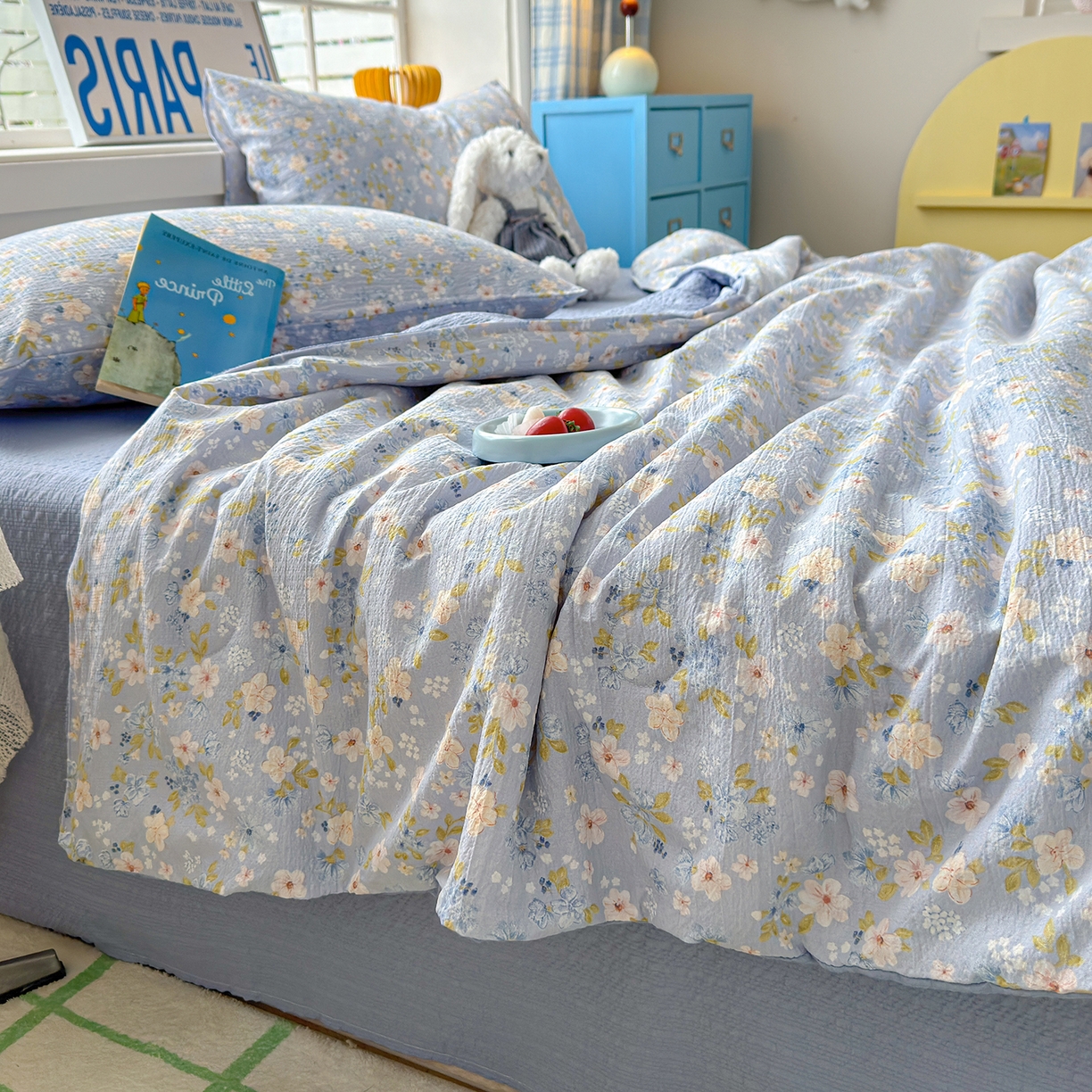 91家纺网 家纺一手货源 找家纺 晚爱 2026新款泡芙棉双层纱夏被四件套小清新泡泡纱夏被四件套 9蓝雪花