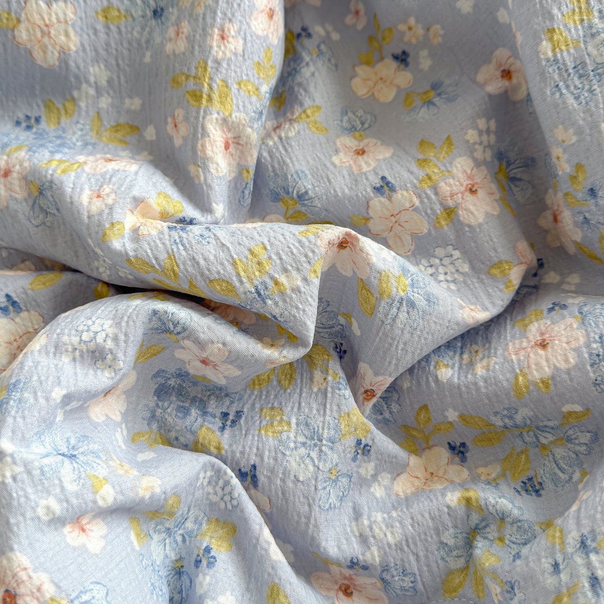 91家纺网 家纺一手货源 找家纺 晚爱 2026新款泡芙棉双层纱夏被四件套小清新泡泡纱夏被四件套 9蓝雪花