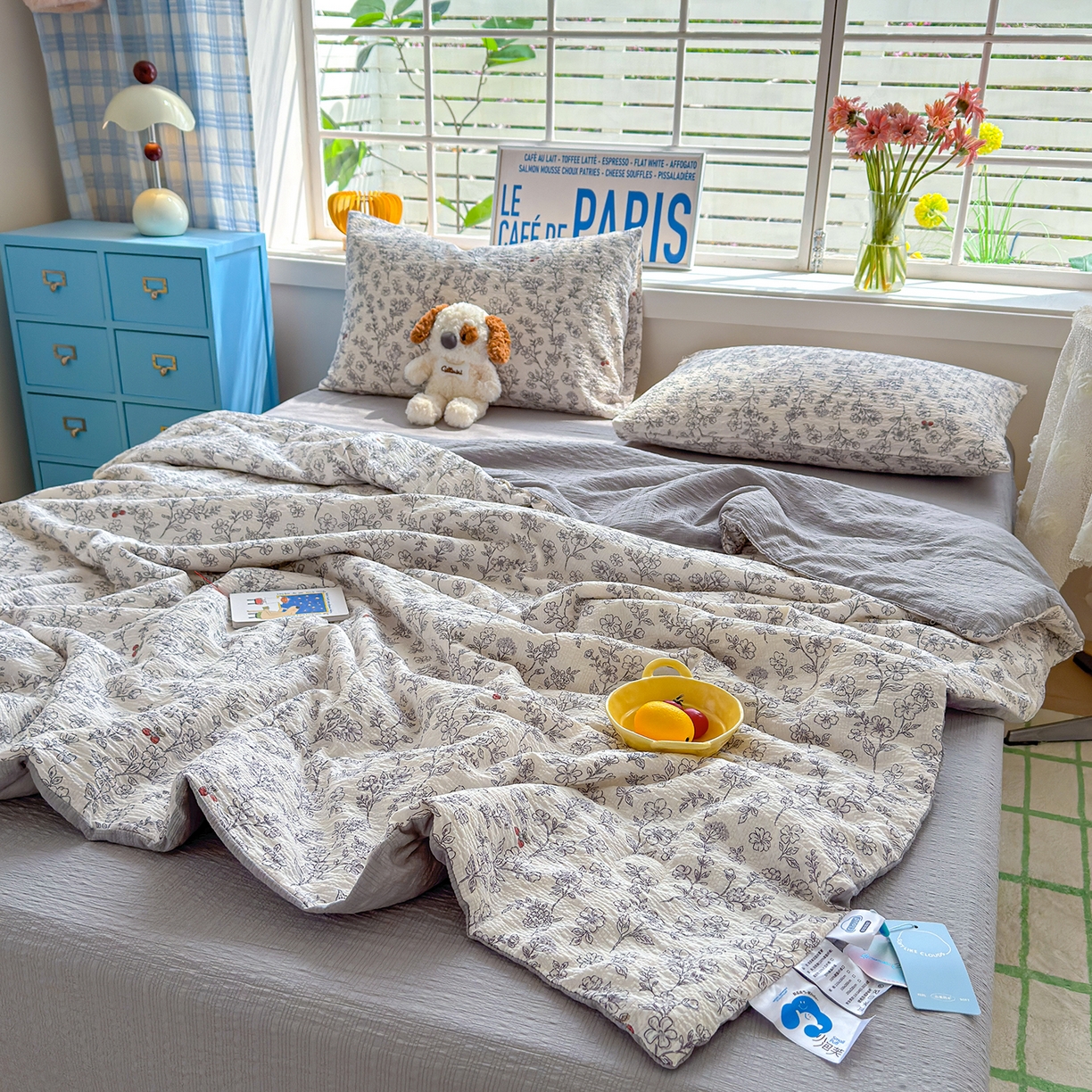 91家纺网 家纺一手货源 找家纺 晚爱 2026新款泡芙棉双层纱夏被四件套小清新泡泡纱夏被四件套 10春风拂梦