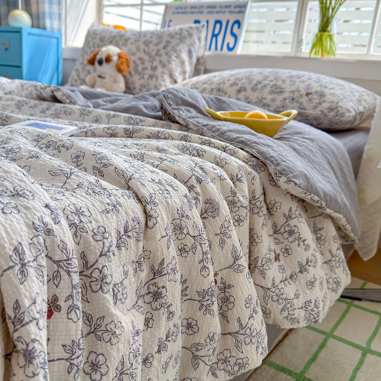 91家纺网 家纺一手货源 找家纺 晚爱 2026新款泡芙棉双层纱夏被四件套小清新泡泡纱夏被四件套 10春风拂梦