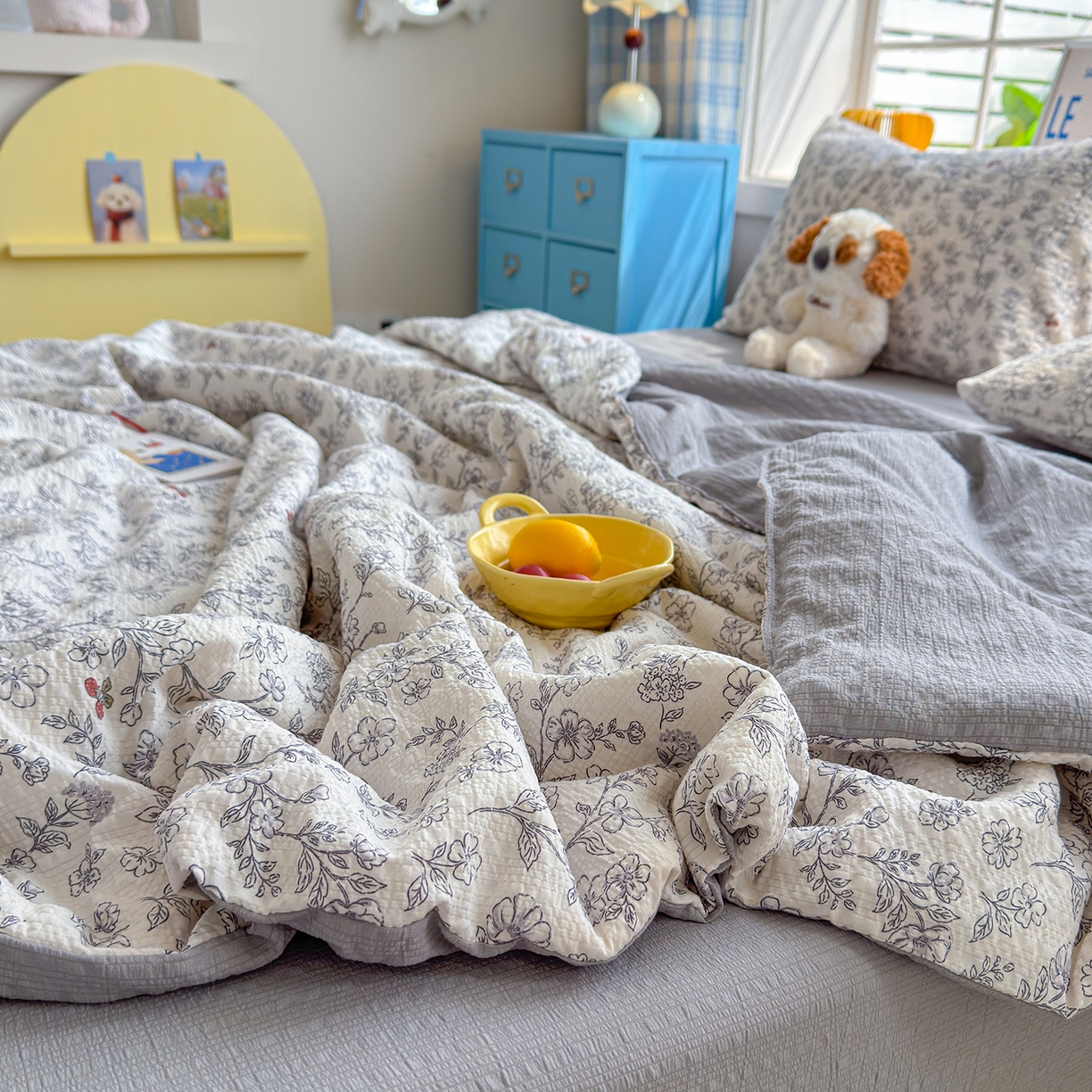 91家纺网 家纺一手货源 找家纺 晚爱 2026新款泡芙棉双层纱夏被四件套小清新泡泡纱夏被四件套 10春风拂梦