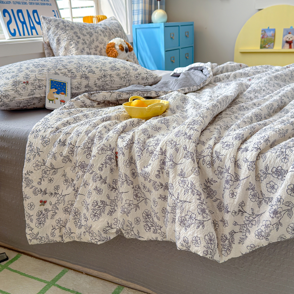 91家纺网 家纺一手货源 找家纺 晚爱 2026新款泡芙棉双层纱夏被四件套小清新泡泡纱夏被四件套 10春风拂梦