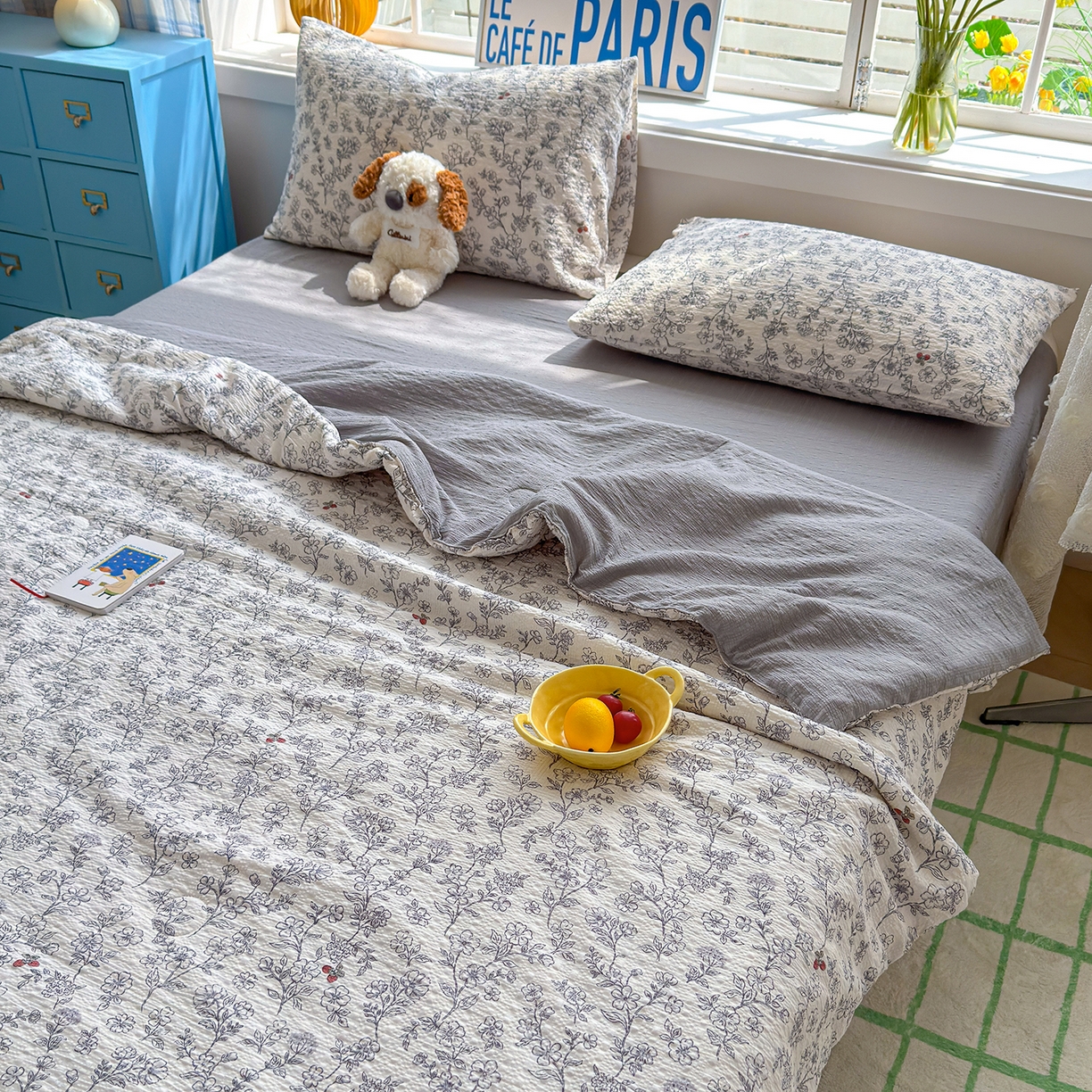 91家纺网 家纺一手货源 找家纺 晚爱 2026新款泡芙棉双层纱夏被四件套小清新泡泡纱夏被四件套 10春风拂梦