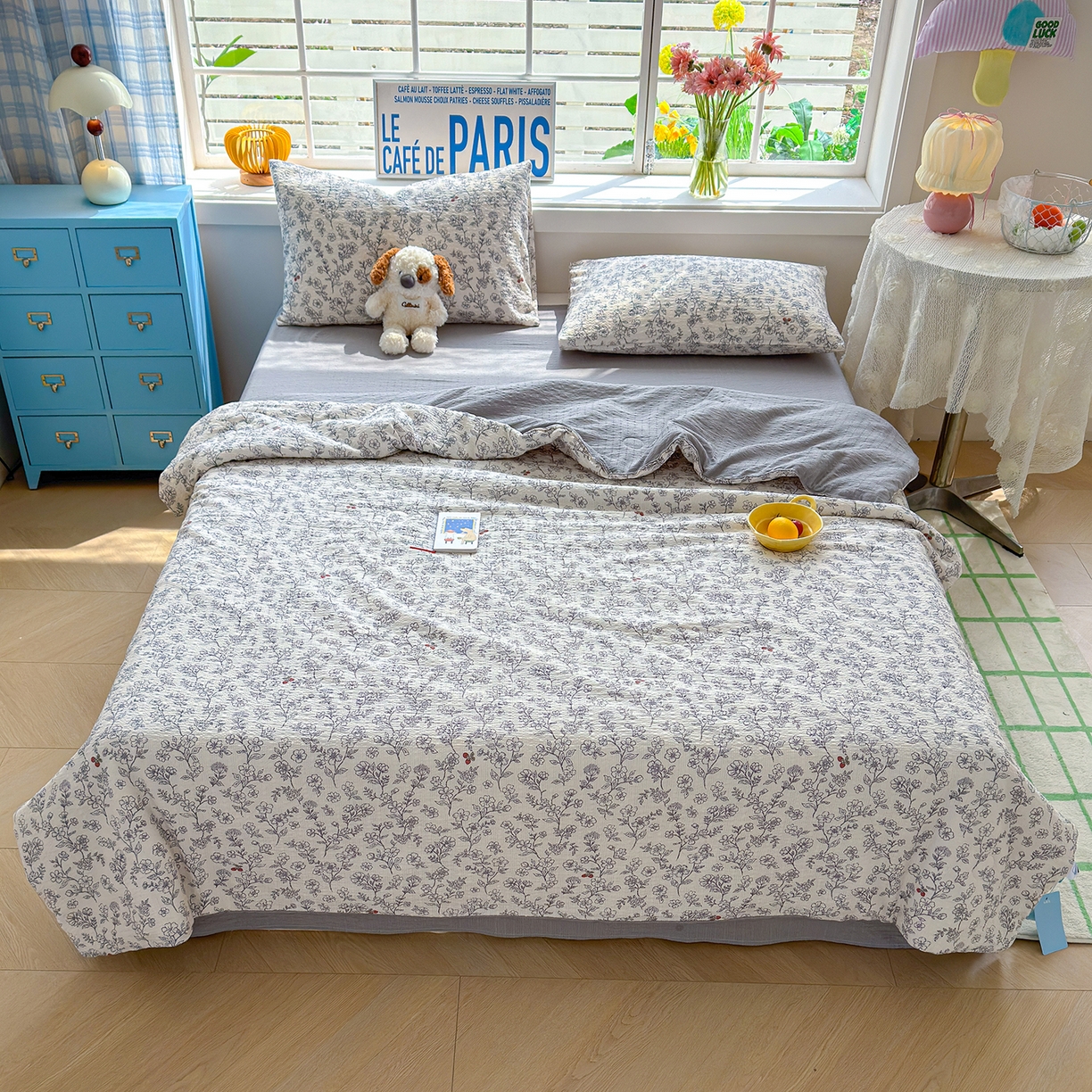 91家纺网 家纺一手货源 找家纺 晚爱 2026新款泡芙棉双层纱夏被四件套小清新泡泡纱夏被四件套 10春风拂梦