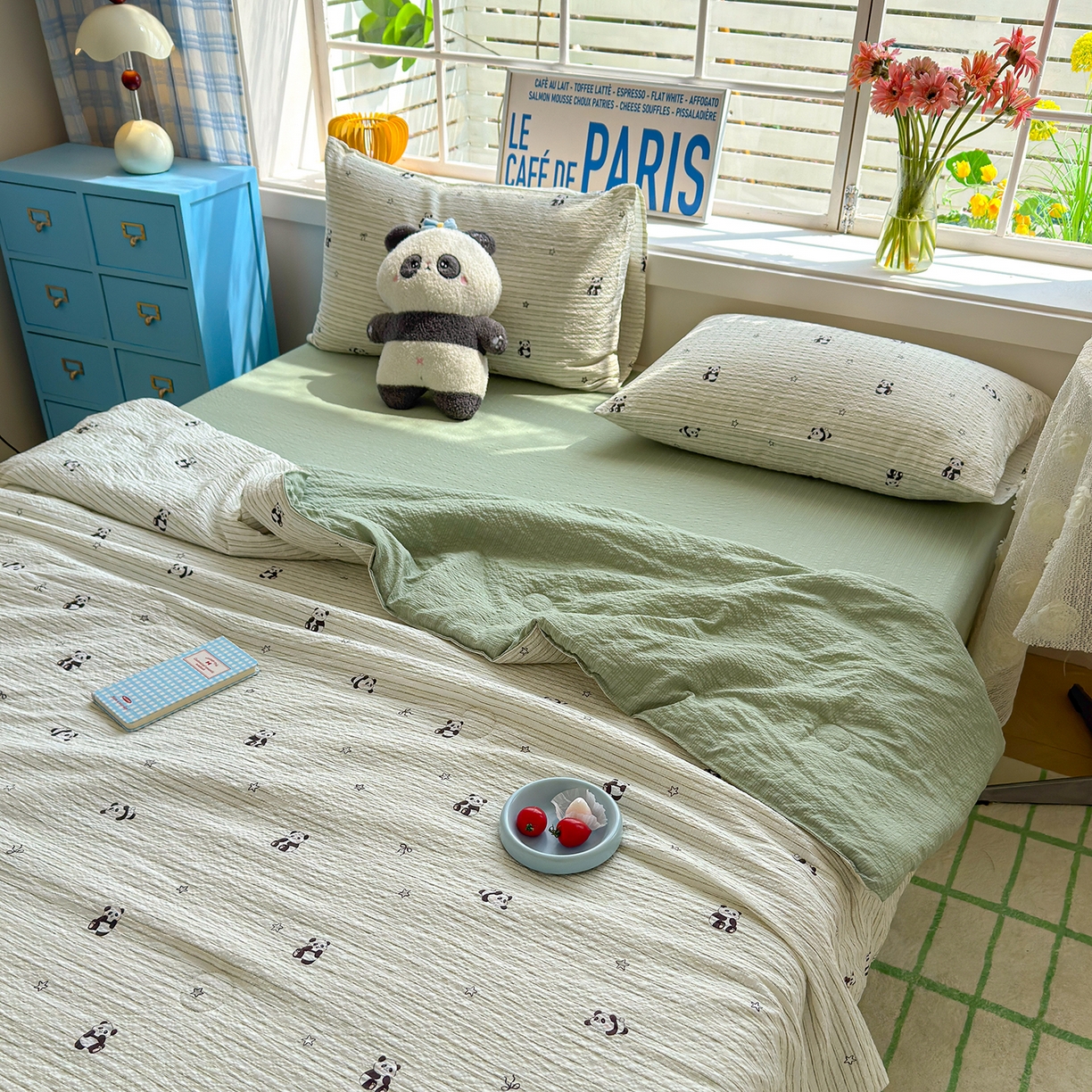 91家纺网 家纺一手货源 找家纺 晚爱 2026新款泡芙棉双层纱夏被四件套小清新泡泡纱夏被四件套 12大熊猫