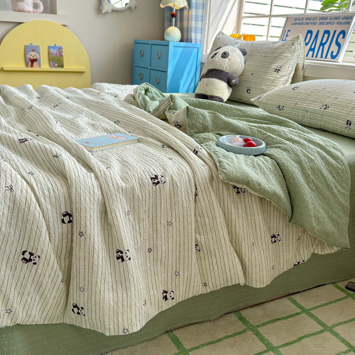 91家纺网 家纺一手货源 找家纺 晚爱 2026新款泡芙棉双层纱夏被四件套小清新泡泡纱夏被四件套 12大熊猫