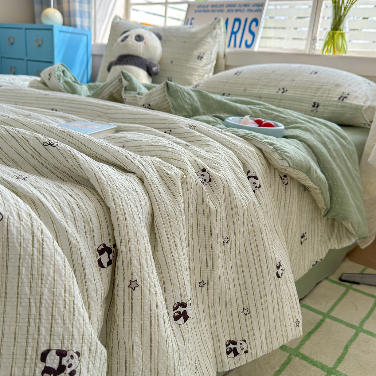 91家纺网 家纺一手货源 找家纺 晚爱 2026新款泡芙棉双层纱夏被四件套小清新泡泡纱夏被四件套 12大熊猫