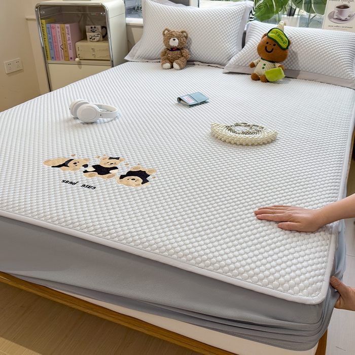 宜派家纺 2026新款A类卡通3D冰豆豆凉席三件套凉感值过0.21夏天刺绣冰丝席可机洗儿童空调软席子 冰川蓝-床笠