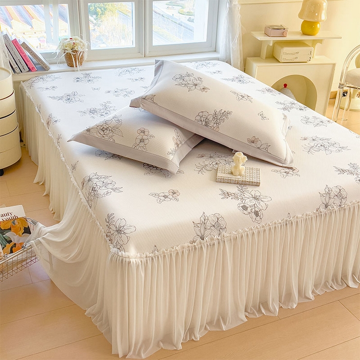 91家纺网 家纺一手货源 找家纺 宜派家纺 2026新款夏季花卉冰丝床裙席凉感值过0.21单件夏天冰豆豆A类可机洗学生宿舍空调软席 花影-床裙