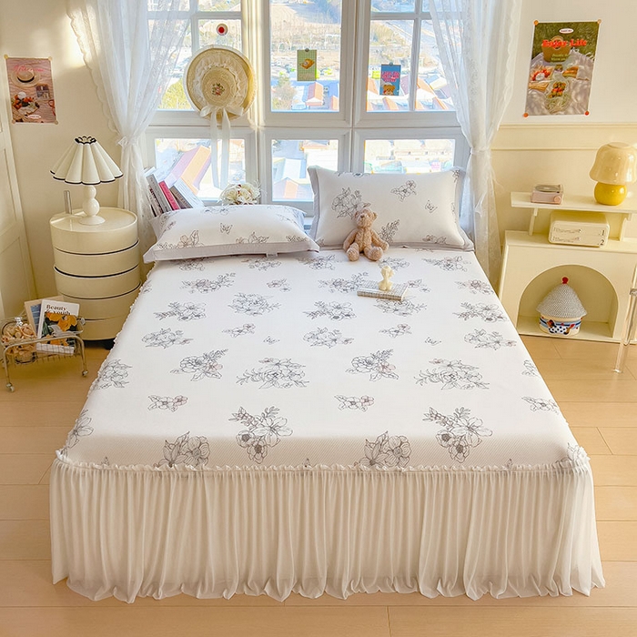 91家纺网 家纺一手货源 找家纺 宜派家纺 2026新款夏季花卉冰丝床裙席凉感值过0.21单件夏天冰豆豆A类可机洗学生宿舍空调软席 花影-床裙