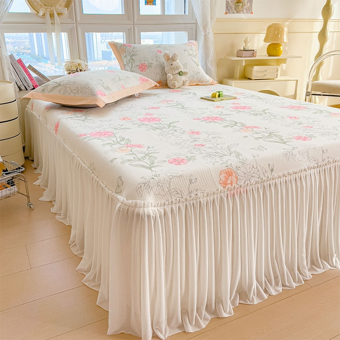 91家纺网 家纺一手货源 找家纺 宜派家纺 2026新款夏季花卉冰丝床裙席凉感值过0.21单件夏天冰豆豆A类可机洗学生宿舍空调软席 牡丹粉-床裙