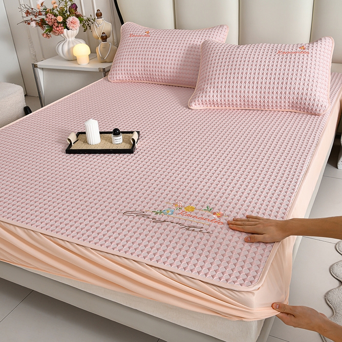 梦之星 2026新款PE凉感豆豆凉席绣花三明治复合床笠款三件套 格韵-粉-床笠款