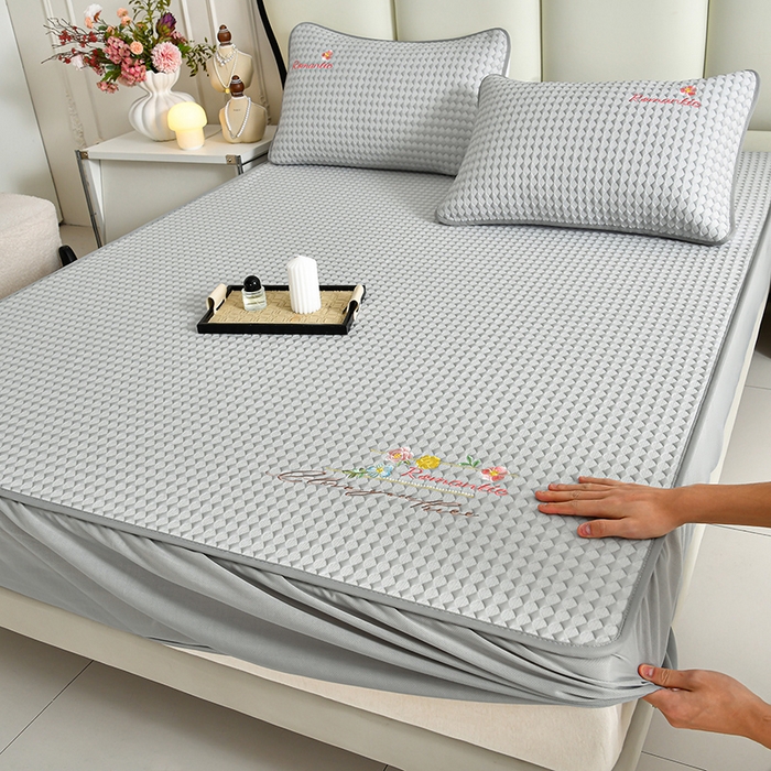 梦之星 2026新款PE凉感豆豆凉席绣花三明治复合床笠款三件套 格韵-灰-床笠款