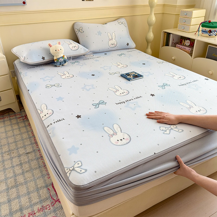 91家纺网 家纺一手货源 找家纺 宜派家纺 2026新款冰豆豆席卡通凉席凉感值过0.21可机洗夏天学生宿舍单人席子 波点星星兔-床笠