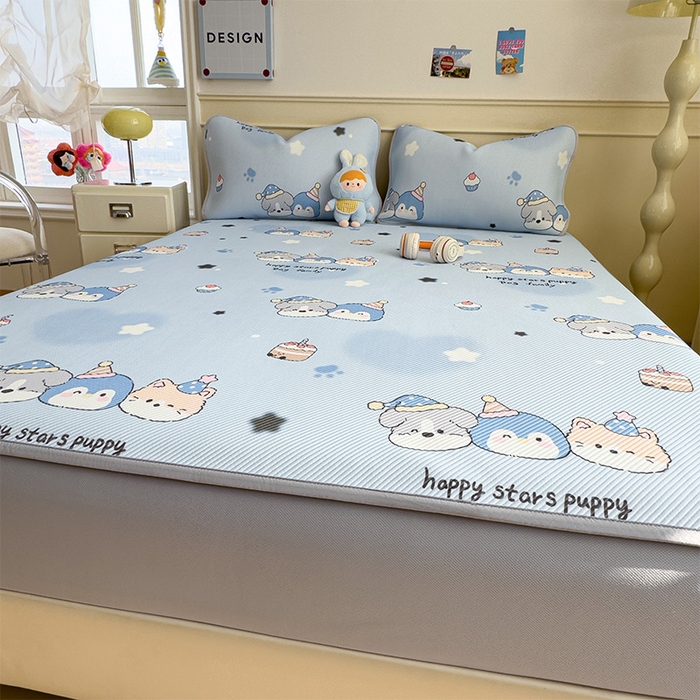 91家纺网 家纺一手货源 找家纺 宜派家纺 2026新款冰豆豆席卡通凉席凉感值过0.21可机洗夏天学生宿舍单人席子 开心一家-床笠