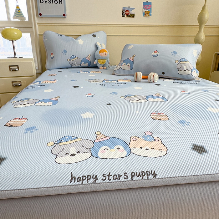 91家纺网 家纺一手货源 找家纺 宜派家纺 2026新款冰豆豆席卡通凉席凉感值过0.21可机洗夏天学生宿舍单人席子 开心一家-床笠