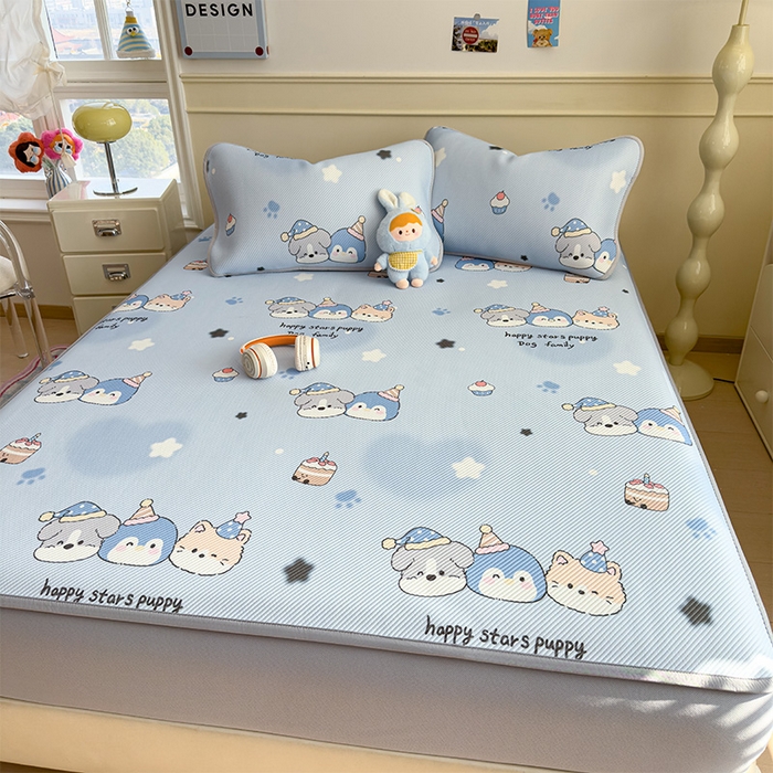 91家纺网 家纺一手货源 找家纺 宜派家纺 2026新款冰豆豆席卡通凉席凉感值过0.21可机洗夏天学生宿舍单人席子 开心一家-床笠