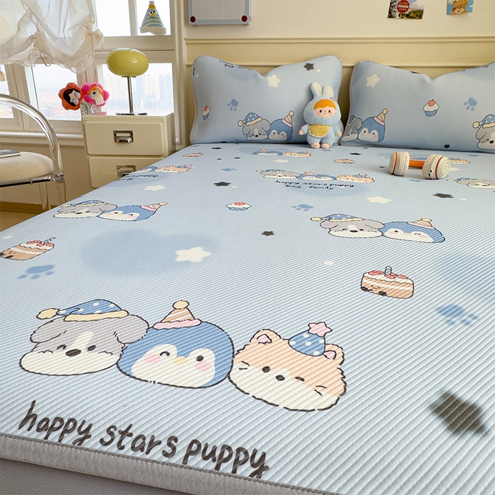 91家纺网 家纺一手货源 找家纺 宜派家纺 2026新款冰豆豆席卡通凉席凉感值过0.21可机洗夏天学生宿舍单人席子 开心一家-床笠