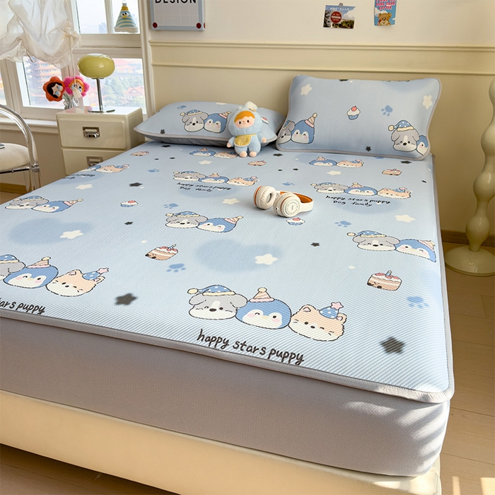 91家纺网 家纺一手货源 找家纺 宜派家纺 2026新款冰豆豆席卡通凉席凉感值过0.21可机洗夏天学生宿舍单人席子 开心一家-床笠