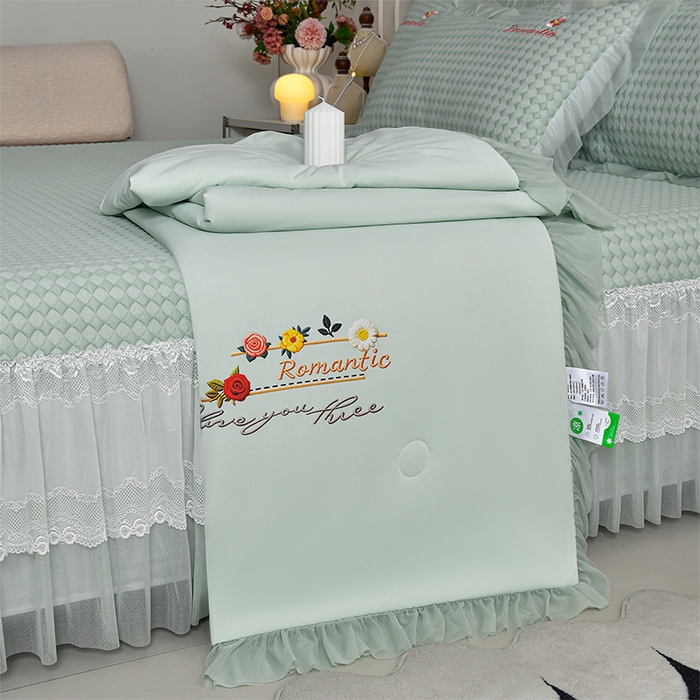梦之星 2026新款PE凉感豆豆凉席绣花三明治复合床裙款氨纶凉感丝夏被三件套四件套 格韵-绿-床裙款