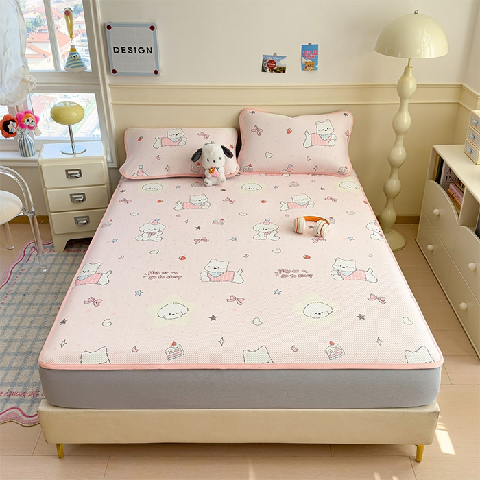 91家纺网 家纺一手货源 找家纺 宜派家纺 2026新款冰豆豆席卡通凉席凉感值过0.21可机洗夏天学生宿舍单人席子 心心蜜狗-床笠