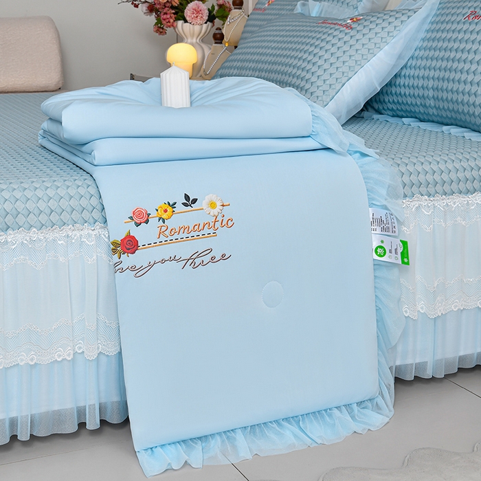 梦之星 2026新款PE凉感豆豆凉席绣花三明治复合床裙款氨纶凉感丝夏被三件套四件套 格韵-蓝-床裙款