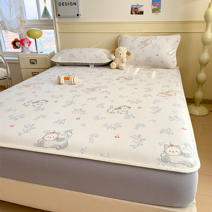 91家纺网 家纺一手货源 找家纺 宜派家纺 2026新款冰豆豆席卡通凉席凉感值过0.21可机洗夏天学生宿舍单人席子 樱桃泡泡狗-床笠