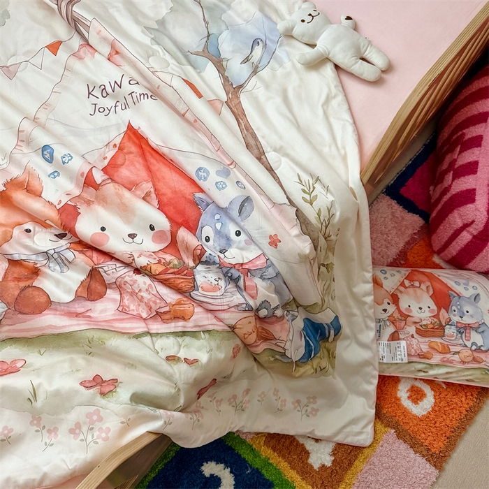 91家纺网 家纺一手货源 找家纺 （总）萌宝家纺 2026新款母婴风全棉60S贡缎大豆夏被幼儿园纯棉夏凉被三件套