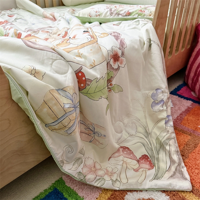 91家纺网 家纺一手货源 找家纺 萌宝家纺 2026新款母婴风全棉60S贡缎大豆夏被幼儿园纯棉夏凉被三件套 摇篮兔