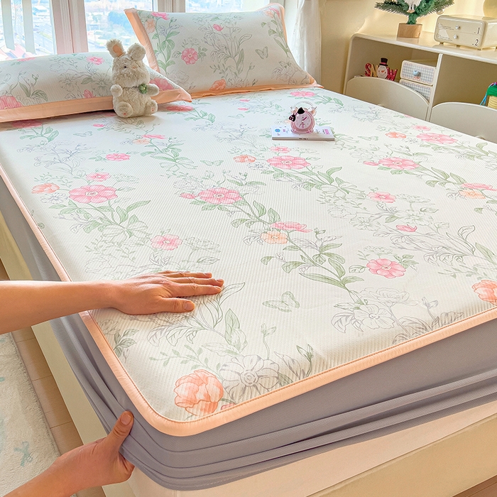 91家纺网 家纺一手货源 找家纺 （总）宜派家纺 2026新款夏季花卉冰丝凉席床笠凉感值过0.21单件夏天冰豆豆A类可机洗学生宿舍空调软席