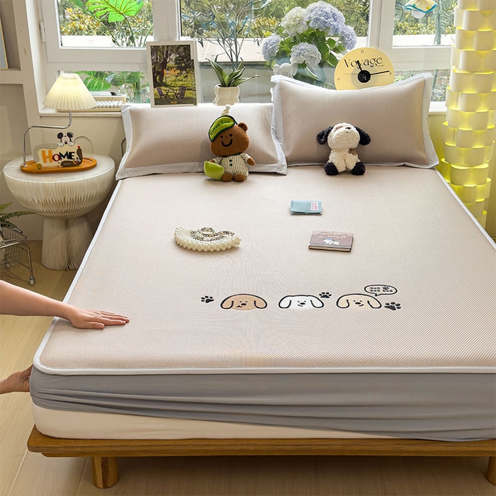 91家纺网 家纺一手货源 找家纺 宜派家纺 2026新款可机洗冰豆豆冰丝席凉席a类母婴级婴儿可用凉感值过0.21夏天床笠款软席子夏季 汪汪线条狗-床笠