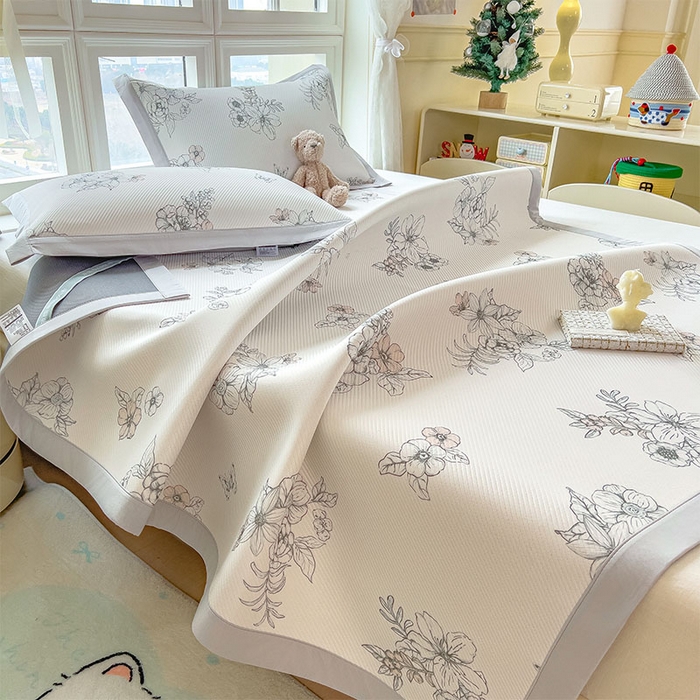 91家纺网 家纺一手货源 找家纺 宜派家纺 2026新款夏季花卉冰丝凉席床笠凉感值过0.21单件夏天冰豆豆A类可机洗学生宿舍空调软席 花影-床席